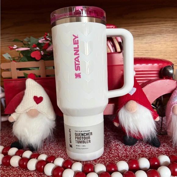 Stanley 40 oz Valentine White Tumbler with Hearts and Pink Lid and Logo - Picture 1 of 5